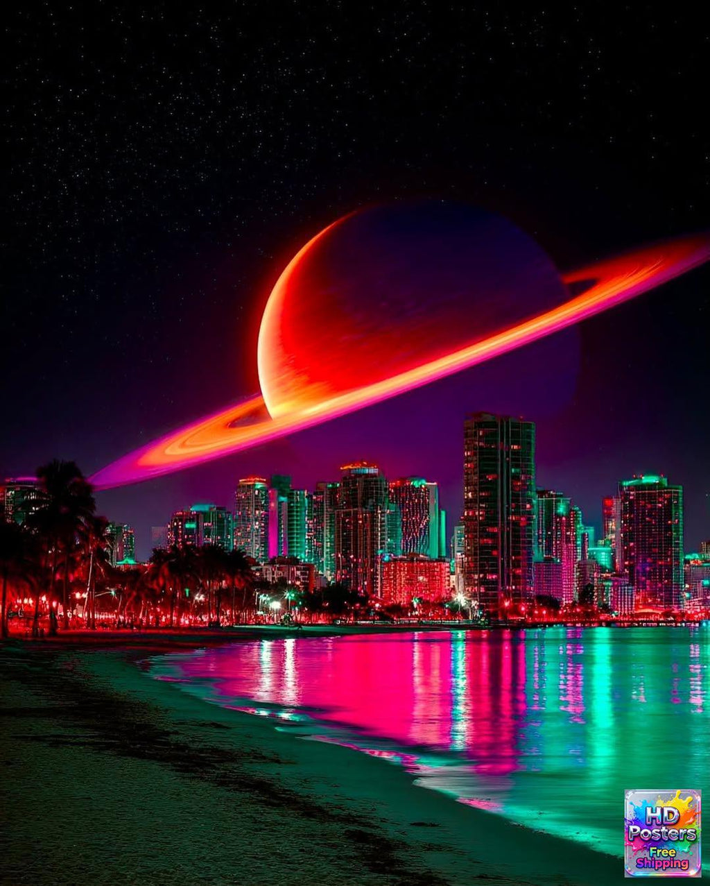 “Neon Saturn Skyline” – Cosmic City Glow Edition (Mulitple Selections)