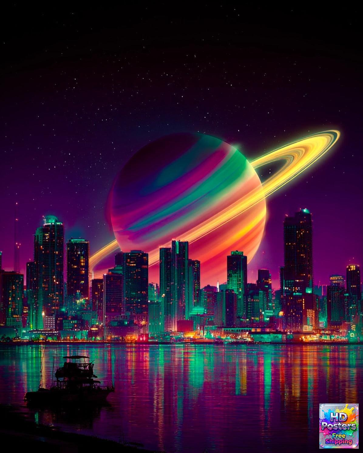 “Neon Saturn Skyline” – Cosmic City Glow Edition (Mulitple Selections)